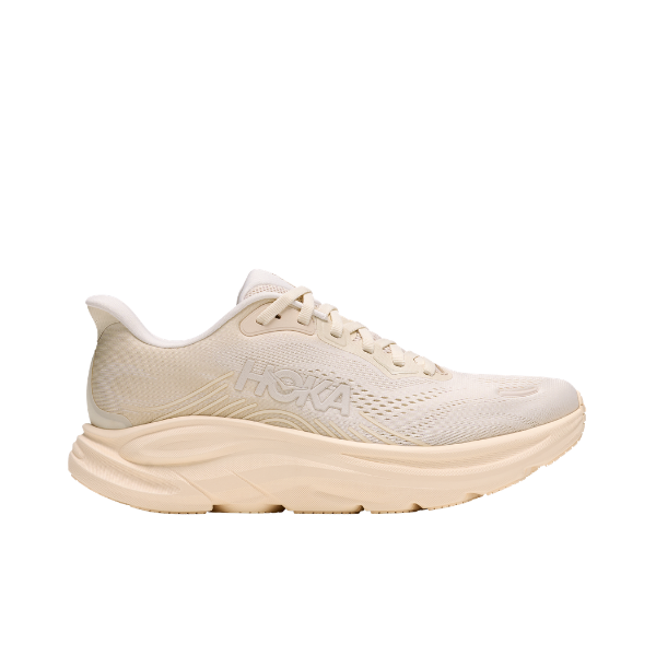 HOKA Women's Clifton 11 Wide Alab/Oat with thick cushioned sole, logo on side, shown from the left.