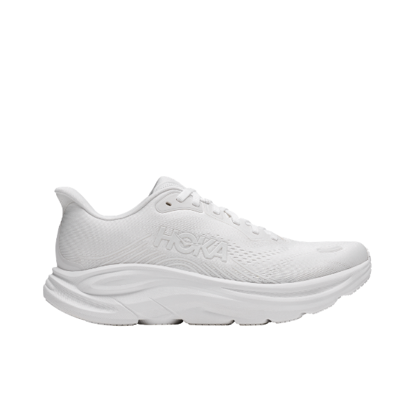 Hoka Women's Clifton 11 Wide White/White: cushioned mesh sneakers with thick sole—perfect for wide white sneaker fans.
