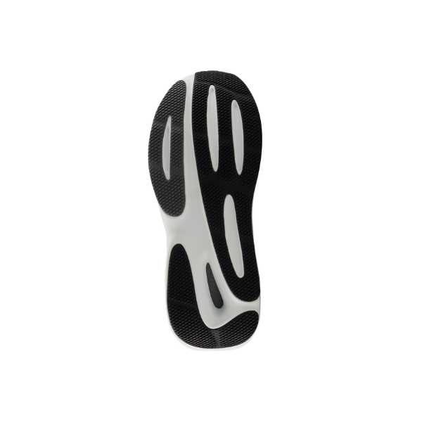 Curved black/white sole, bottom view; the New Balance Men’s 860V15 Wide offers stability for runners.