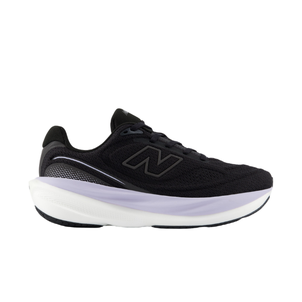 New Balance Women's 1080V15 Black/Violet running shoe, side view, black with white sole on a white background.