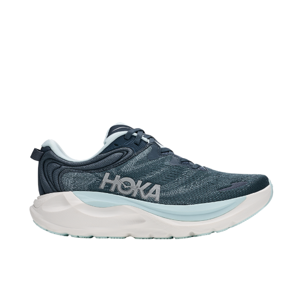 HOKA Women's Gaviota 6 in Green/Navy: stability running shoe with H-frame tech, thick white sole.