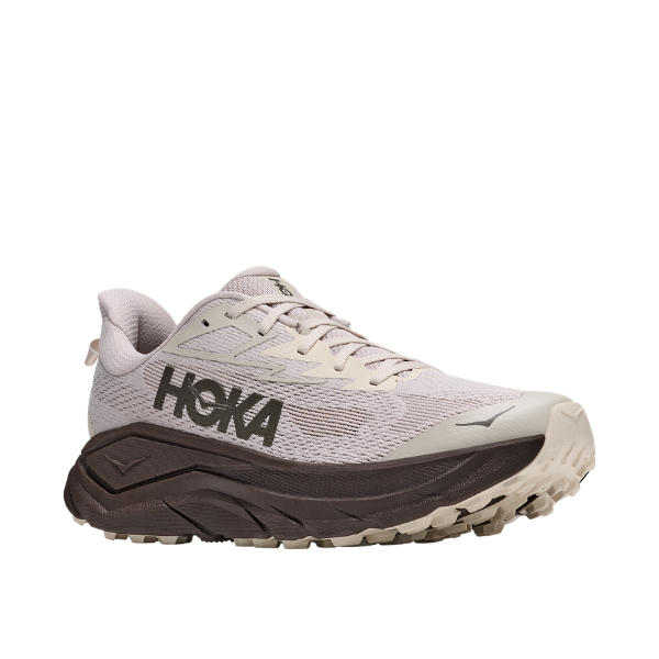 HOKA Men's Challenger 8 Grey trail shoe with a thick brown sole, light gray upper, side view.