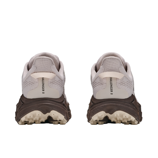 Two grey HOKA Men's Challenger 8 trail running shoes are shown from the back, displaying CHALLENGER 8 text.