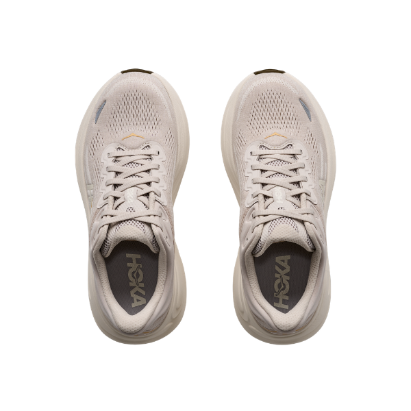 HOKA Women's Bondi 9 Grey/Alabaster running shoes, ideal for plantar fasciitis, seen from above on white.