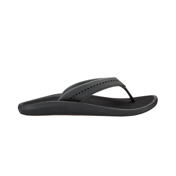 OLUKAI Women's Ulele Black: water-ready flip-flops with a supportive footbed and perforated strap for any adventure.