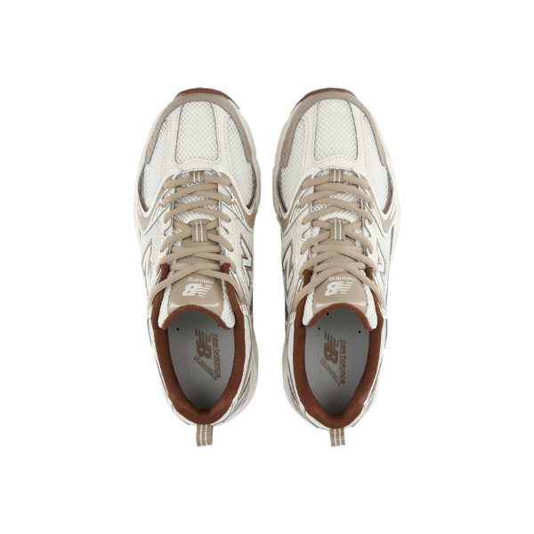 NEW BALANCE U530cob men's running shoes in white, beige, and brown, viewed from above on a white background.