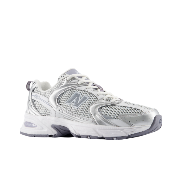 NEW BALANCE Men's U530 Grey/Silver shoes offer foot pain relief with mesh panels and signature gray sole with N logo.
