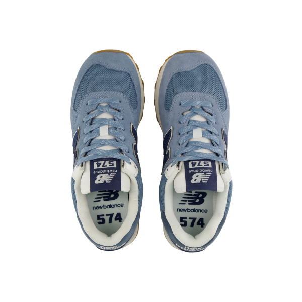 Top view of NEW BALANCE Women's 574 Blue/White sneakers with navy accents, white laces, on a white background.
