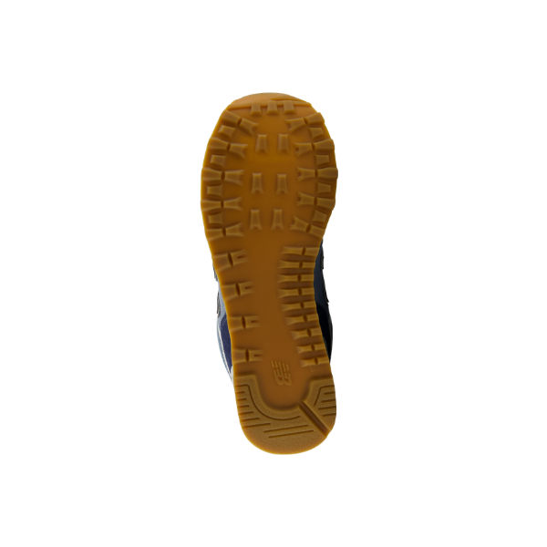 Blue/white rubber sole from New Balance Women's 574, shown from below, featuring a textured tread on white.