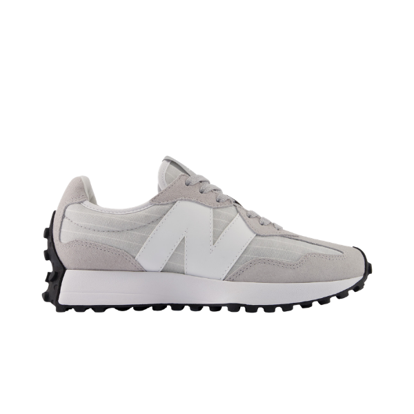 NEW BALANCE Women’s 327 Rain/White: gray/white, mesh & suede, large N logo, black rugged sole, profile view.