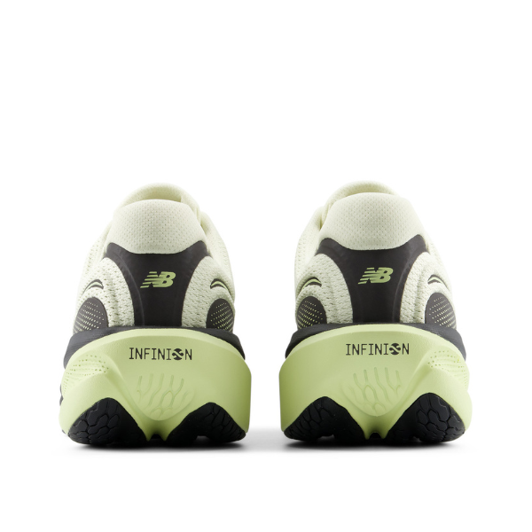 Rear view of two pistachio/black New Balance Men’s 1080V15 running shoes with enhanced cushioning and INFINION heels.