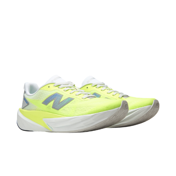New Balance Women’s FuelCell Rebel v5 Wide in Green/Grey, perfect for road running.