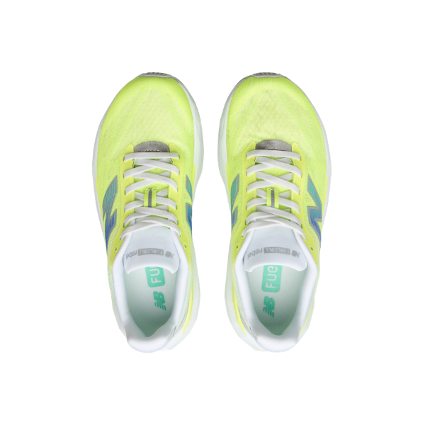 A pair of NEW BALANCE Women’s FuelCell Rebel v5 Wide Green/Grey running shoes, top view on a white background.