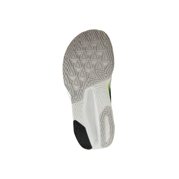 The NEW BALANCE FuelCell Rebel v5 Wide Green/Grey has a mostly white sole with black, green, and geometric tread.