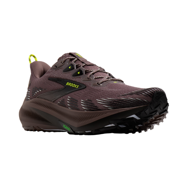 BROOKS Men’s Ghost Trail Brown shoe with black sole, green accents, all-terrain grip shown on white background.