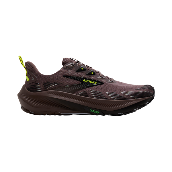 BROOKS Men’s Ghost Trail Brown shoe with mesh upper, yellow accents, and all-terrain grip, shown in profile on white.