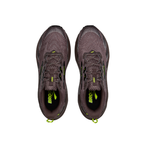 BROOKS Men’s Ghost Trail Brown shoes with green accents—designed for all-terrain traction and off-road running.