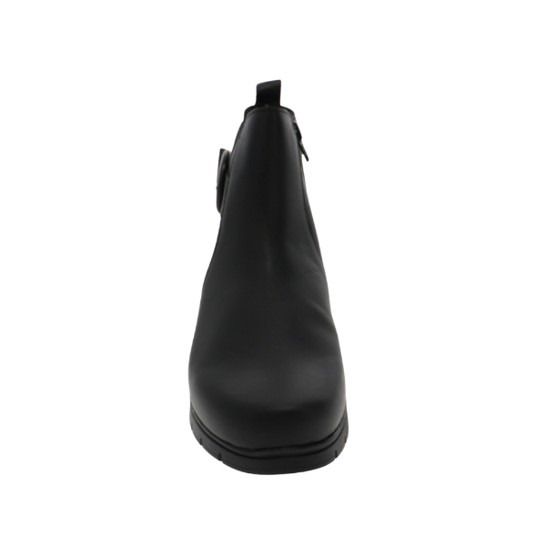 SOVELLA Women’s Gabriella Boot Black, in premium Italian leather, designed for plantar fasciitis; front view shown. Lucky Feet Shoes