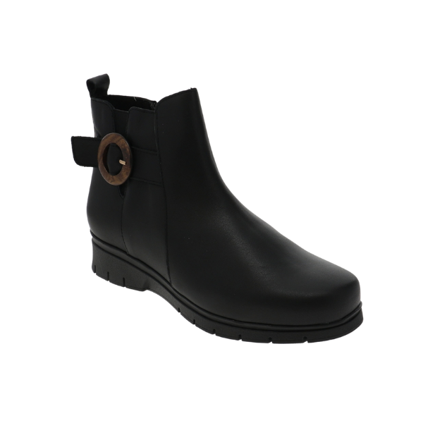 SOVELLA Women’s Gabriella Boot Black: stylish low wedge ankle boot with strap and plantar fasciitis comfort. Lucky Feet Shoes
