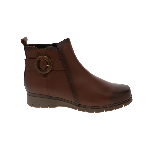 SOVELLA Women’s Gabriella Boot Brown: comfy ankle boot with side zip, round toe, low heel—ideal for plantar fasciitis. Lucky Feet Shoes