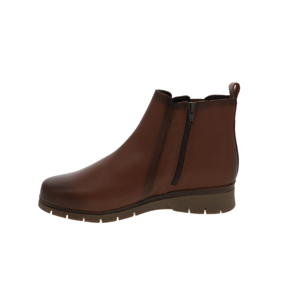 SOVELLA Women’s Gabriella Boot Brown: stylish ankle boot with side zipper, low heel, and plantar fasciitis support. Lucky Feet Shoes