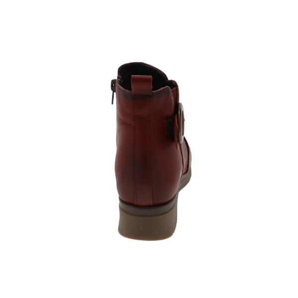 Rear view of Sovella Women’s Gabriella Boot Red by SOVELLA, a comfy low-heel boot with side buckle for plantar fasciitis. Lucky Feet Shoes