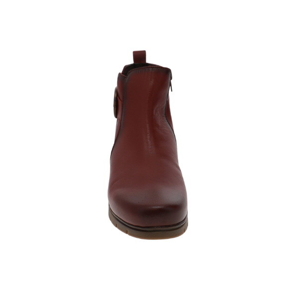 Front view of a single red Sovella Women’s Gabriella Boot with a flat sole, shown against a white background. Lucky Feet Shoes