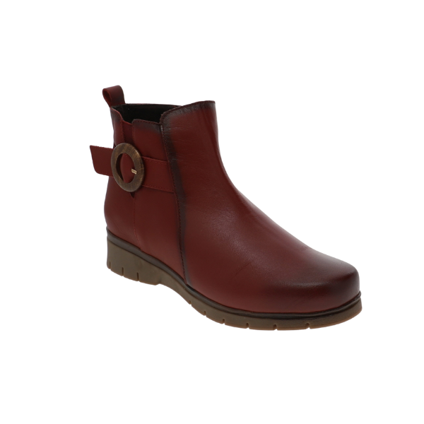 SOVELLA Sovella Women’s Gabriella Boot Red: Comfortable red ankle boots with side buckle and low wedge heel. Lucky Feet Shoes