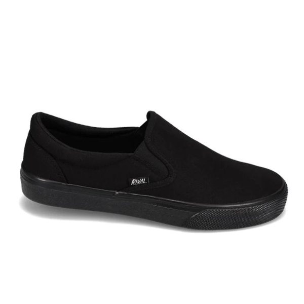 The Rival Mens Deuces Black by RIVAL, INC. is a black slip-on canvas sneaker with a rubber sole and a small side label reading RIVAL, designed for comfort and shown against a white background.