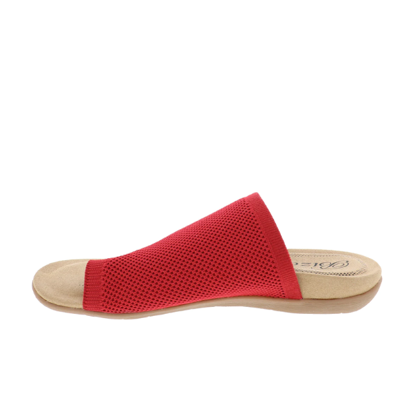 The Biza Womens Lavish Red sandal by BIZA FOOTWEAR features a red mesh upper, open toe, and light tan sole, shown in a side profile against a white background.