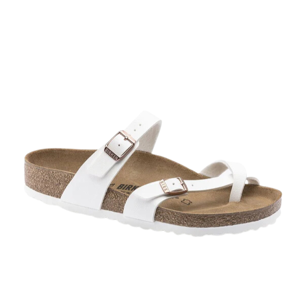 The BIRKENSTOCK Womens Mayari Birko-Flor White Leather Sandal features two white leather straps—one with an adjustable buckle, one toe loop—a cork footbed, and a white rubber sole.