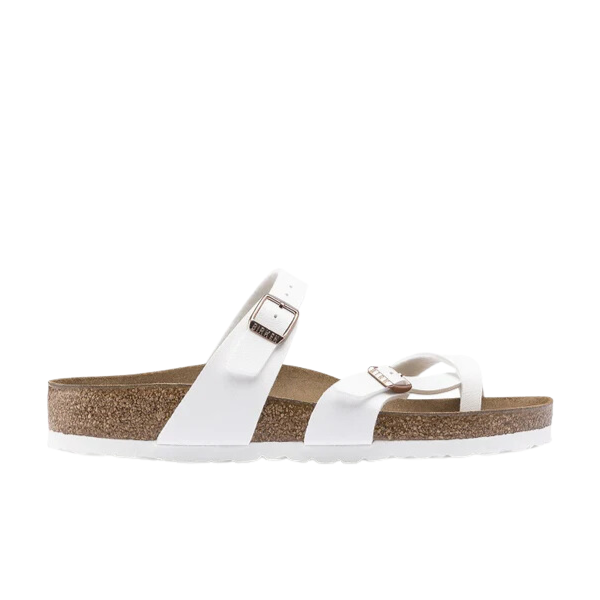 The BIRKENSTOCK Womens Mayari Birko-Flor White Leather sandal features two adjustable buckled straps, a supportive cork footbed, and a white sole, combining comfort with stylish design.