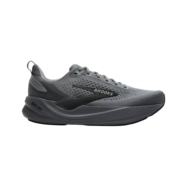 BROOKS Men’s Ghost Max 4 Grey running shoe features a mesh upper, thick cushioned sole, shown in side profile.