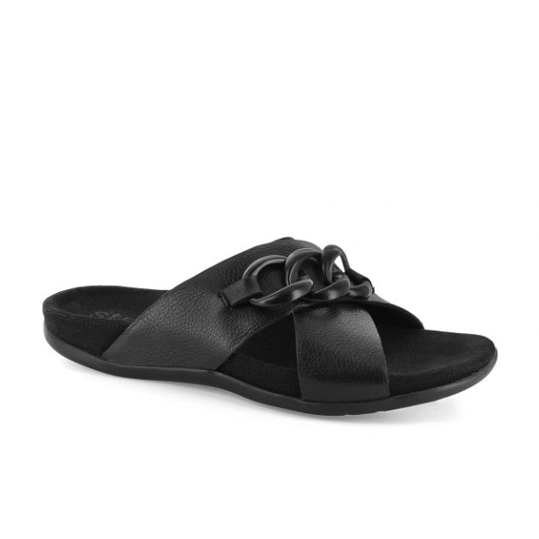 The Strive Womens Palma Link Black by STRIVE is a black slide sandal featuring crisscross straps, decorative black chain links, an open toe, flat sole, and a supportive design for all-day comfort.