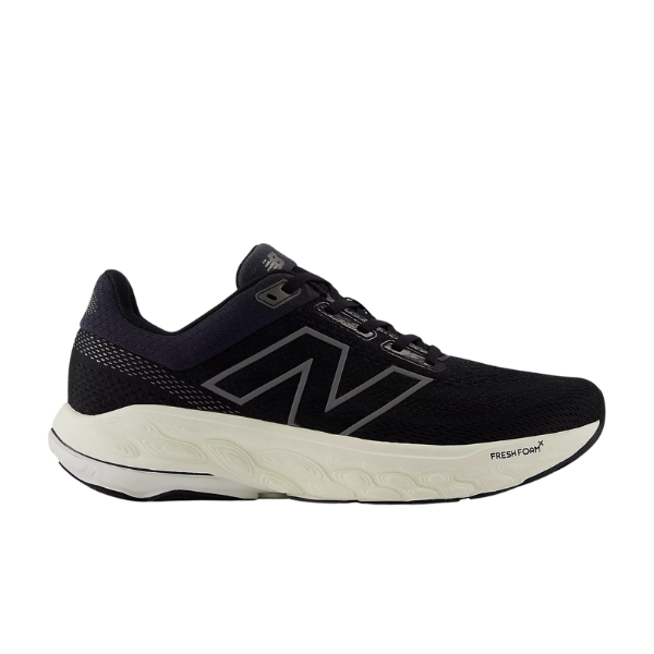 The New Balance Womens Fresh Foam 860v14 Black/White is a black running shoe with a white textured sole, the signature N logo on the side, and Fresh Foam labeled on the midsole for comfort and stability.