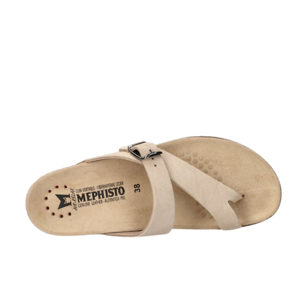 Beige Mephisto Womens Helen Sand sandal with a single buckle strap and toe loop, seen from above, displays the MEPHISTO brand and size 38 on the insole—designed for arch support and long-lasting foot pain relief.