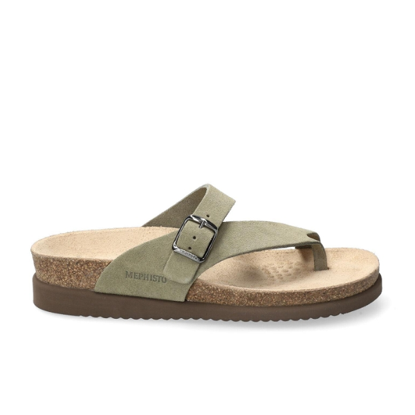 The Mephisto Womens Helen Khaki sandal features beige suede, a cork footbed, adjustable metal buckle, brown rubber sole, and “MEPHISTO” embossed on the side for comfort and support.