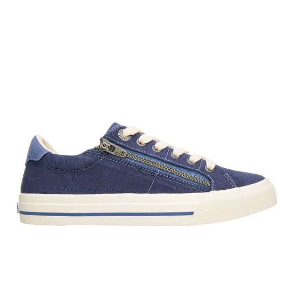The TAOS Taos Womens Z Soul Navy/Indigo Distressed is a blue canvas sneaker with white laces, a blue-striped white sole, visible side zipper, and removable footbed for enhanced comfort.