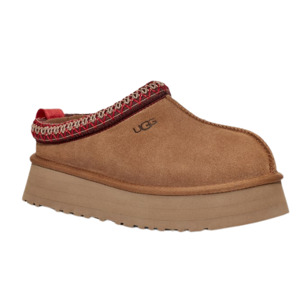 A single chestnut UGG Womens Tazz Slipper features a thick platform outsole, red and white trim at the opening, a red heel pull tab, and soft UGGplush™ lining.