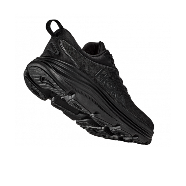 A low-angle view of the HOKA Mens Gaviota 5 (Wide Width) Black running shoe shows its thick, textured sole with Stabilizing H-Frame technology and a heel loop.