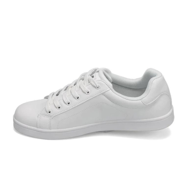 The Rival Mens The Ace Court Shoe White by RIVAL, INC. is shown in side view on a white background, featuring a synthetic upper, white laces, abrasion-resistant sole, and a minimal design.