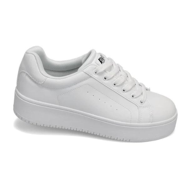 The Rival Womens The Ace Rise Court Shoe White by RIVAL, INC. features a thick, abrasion-resistant rubber sole, white laces, and minimal stitching—an elevated platform sneaker shown side view against a plain background.