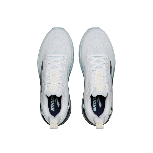 Brooks Men’s Ghost Max 4 white running shoes with blue soles, top view on white background.