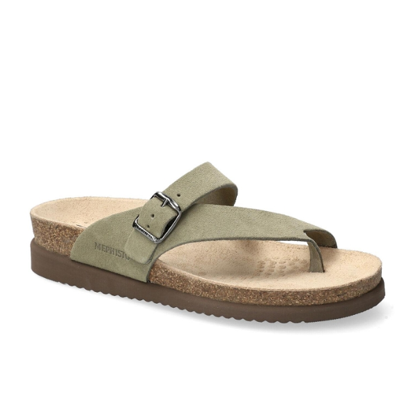 The Mephisto Womens Helen Khaki sandal by MEPHISTO features a cork footbed, brown sole, and suede strap with metal buckle and toe loop for comfortable support designed to help reduce foot pain.