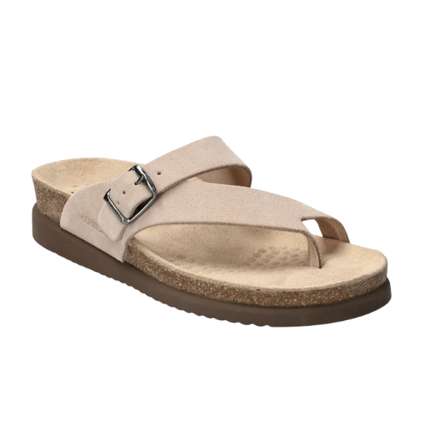 The Mephisto Womens Helen Sand by MEPHISTO is a beige suede sandal with a cork sole, brown rubber outsole, single buckle strap, and toe loop design for arch support and foot pain relief.