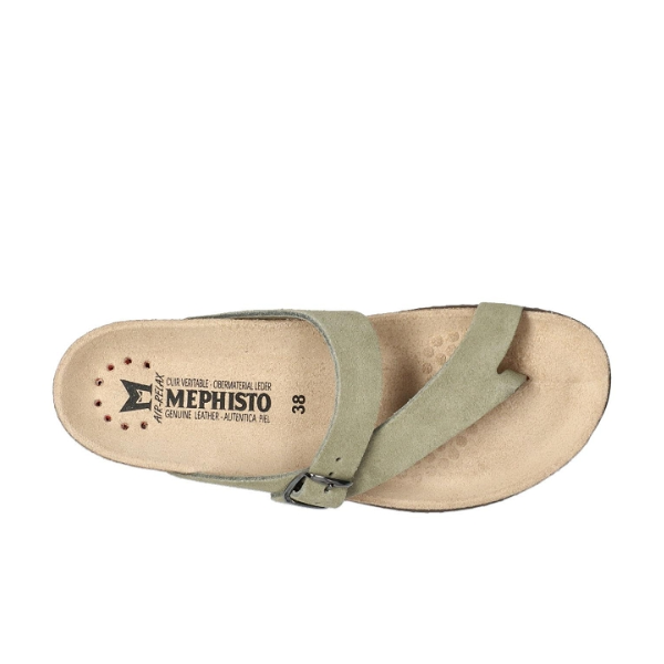 The Mephisto Womens Helen Khaki sandal by MEPHISTO features a cork sole, cross-strap design, supportive buckle, and tan insole with Mephisto logo—perfect for reducing foot pain.