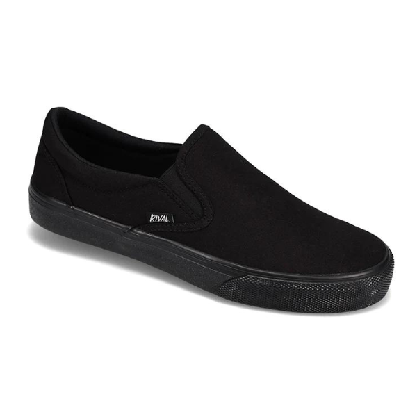 The Rival Mens Deuces Black by RIVAL, INC. is a plain black slip-on canvas sneaker with a rubber sole and a small side label reading RIVAL, designed for comfort with no laces or patterns.