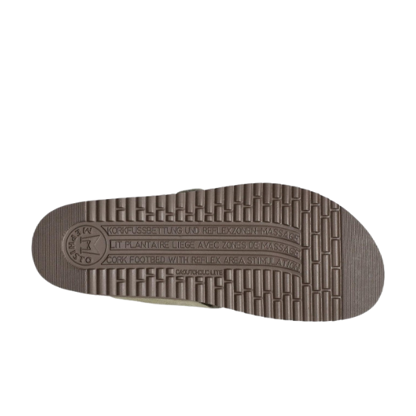 A brown sole with textured tread and embossed multilingual text describing the cork footbed, reflex massage, and foot pain relief, as featured in the MEPHISTO Womens Helen Khaki sandal.