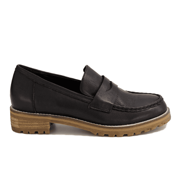 The ZIERA Womens Metters Wide Black loafer features black leather, a chunky light brown rubber sole, low heel, moccasin stitching, a penny slot detail, and a removable footbed for comfort—shown here in side profile.