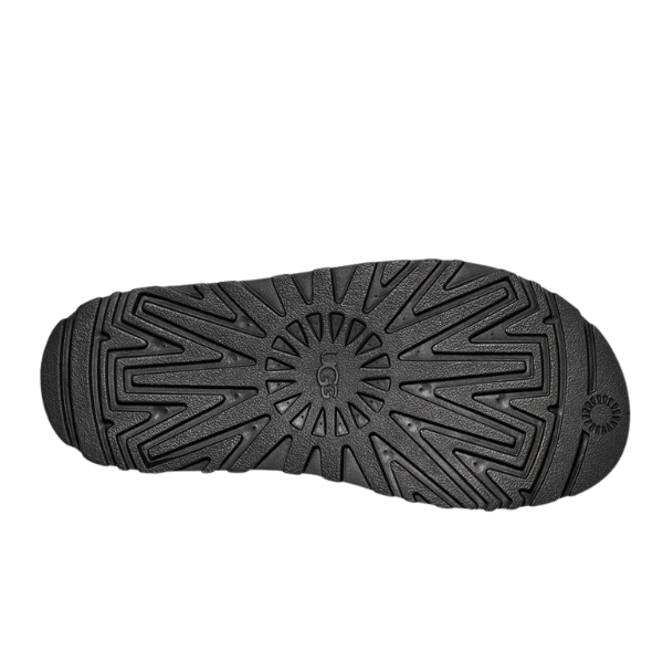 Black rubber sole with radiating geometric tread and GG logo, designed by UGG for Womens Goldenglow Sandals Black—provides extra traction.